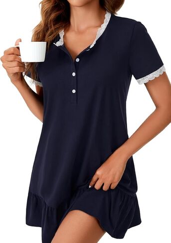 Vrtige Women's Lace Trim Nightshirt Crewneck Button Short Sleeve Nightgown Soft Sleepshirt in Saudi Arabia
