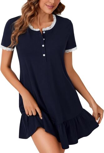 Vrtige Women's Lace Trim Nightshirt Crewneck Button Short Sleeve Nightgown Soft Sleepshirt in Saudi Arabia