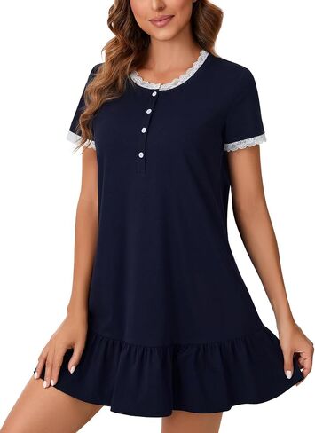 Vrtige Women's Lace Trim Nightshirt Crewneck Button Short Sleeve Nightgown Soft Sleepshirt in Saudi Arabia