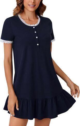Vrtige Women's Lace Trim Nightshirt Crewneck Button Short Sleeve Nightgown Soft Sleepshirt in Saudi Arabia