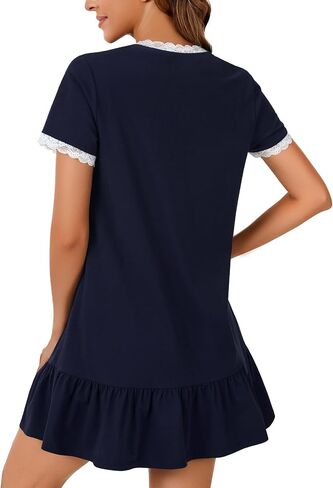 Vrtige Women's Lace Trim Nightshirt Crewneck Button Short Sleeve Nightgown Soft Sleepshirt in Saudi Arabia