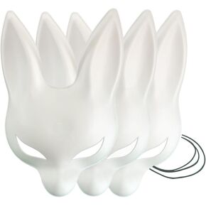 YangYong White Blank Plain DIY Kitsune Mask Bases, Solid Lightweight Little Bunny Plastic Masks 3-Pack
