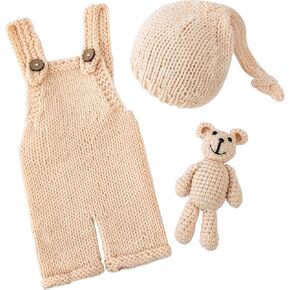 Vemonllas Crochet Bear Hat & Romper Costume Set - Newborn Photoshoot Outfits for Baby Boys Girls - Handmade Photo Props