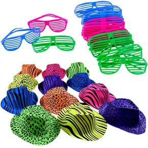 Neon Bright Party Set - 12 Neon Party Hats with 12 Shutter Glasses