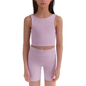 WELAKEN Girls 2 Piece Athletic Outfit Kids Yoga Crop Tank Top and Biker Shorts Set