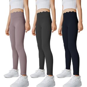 Girls 3 Pack Yoga Pants Scallop Waist Workout Running Athletic Leggings for Kids in 6-13 Years