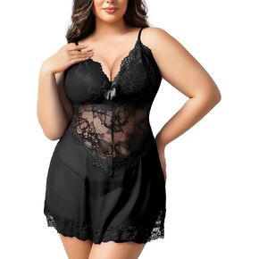 Plus Size Lingerie for Women Lace Chemise Sexy Mesh Chemise Teddy Babydoll Exotic V Neck Sleepwear Black