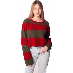 Madore Red and Green Striped Sweater Cropped Women - Plus Nightmare Knit Crop Top Halloween Costume Cosplay