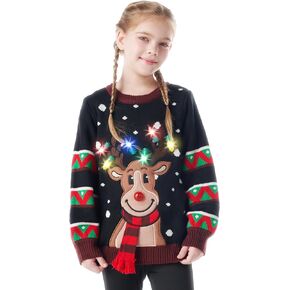 JOYIN Kid's Christmas Ugly Sweater LED Light Up Reindeer Xmas Sweater Built-in Light Bulbs for Boys Girls (Black, Medium)