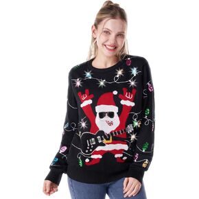 Giggling Getup Ugly Christmas Sweaters for Women, Santa LED Lights String Christmas Ugly Sweater, Light Up Funny Santa Long Sleeve Sweater Black and Red