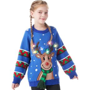 JOYIN Kid's Christmas Ugly Sweater LED Light Up Reindeer Xmas Sweater Built-in Light Bulbs for Boys Girls (Blue, Medium)