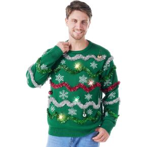 Giggling Getup Men's LED Light Up Green Christmas Ugly Sweater, Long Sleeve, Regular Fit, Pocket Neck, Rib Weave, Pull On Closure, Adult, Winter