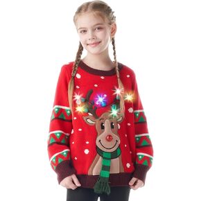 JOYIN Kid's Christmas Ugly Sweater LED Light Up Reindeer Xmas Sweater Built-in Light Bulbs for Boys Girls (Red, Large)