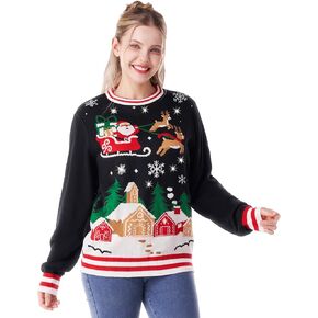 Giggling Getup Ugly Christmas Sweaters for Women, LED Lights Santa Sleigh Christmas Ugly Sweater, Light Up Funny Long Sleeve Sweater for Christmas Black