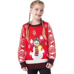 Kids Girls Snowman Red Ugly Sweater with Light Bulb