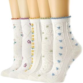 ZEBAN women's cotton socks Cotton Casual Cute Novelty Floral Cute Fun Girls Colorful Flower 5 Pack (Flower, white)