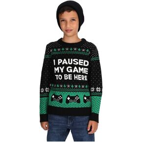 Tstars Gamer Ugly Christmas Sweater Kids Gifts for Gamers I Paused My Game to Be Here Youth Holiday Xmas Sweaters