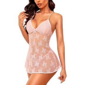 RSLOVE LACE BABYDOLL Lingerie للنساء - CHESTER CHEMISE MESH Sleepwear Lightgown v Neck Nightwear Outfit Dress Lighty