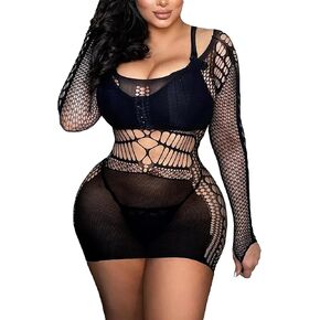 Womens Sexy Fishnet Dress Stretchy Dress Nightwear Hollow Out Babydoll One Piece Bodycon Nightdress