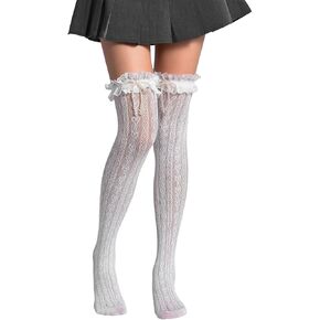Lace Heart Pattern Faux Pearl Bow Fishnet Over-The-Knee Socks Hollow Out High Stockings Spring Summer