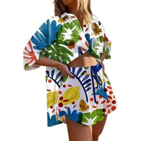 Women's Summer 2 Piece Set Pajama Button Down Graphic Print Blouse Top and Shorts Hawaiian Tropical Beach Outfit