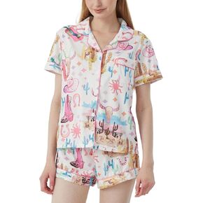 Short Pajamas for Women Cute Print 2 Piece Pajama Set Short Sleeve Button Down Sleepwear Lapel Shirt Pj Short Set