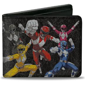 Power Rangers Wallet, Bifold, MMPR Power Rangers Group Action Pose Weathered and Logo Black, Vegan Leather