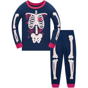 Akyzic Kids Halloween Pajamas Sets Glow in the Dark Skeleton Outfit Toddler Girl Long Sleeve Cotton Halloween Jammies