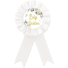 Big Sister Badge Pin, White Rosette Greenery Sister To Be Button Pin, Flower Baby Shower Button Pin for Girl, Sister To Be Brooch Buttons for Girl Birthday Party to Wear