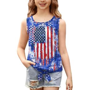 July 4th Girls USA Flag Tank Top Memorial Day Tie Dye T-Shirt 4-14 Years