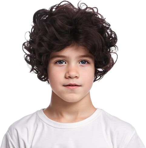 الأولاد البني البني الداكن الأطفال بني أشعث شعر مستعار قصير مجعد مموج للطفل للأطفال اليومية الهالوين in Kuwait