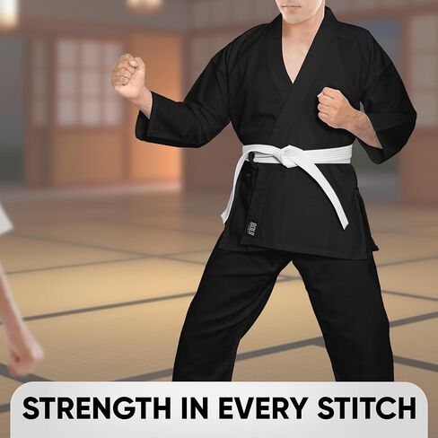 زي الكاراتيه للأطفال والكبار طالب خفيف الوزن كاراتيه GI للفنون القتالية الزي الأسود مع حزام in Kuwait