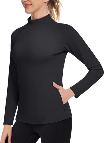 MAGCOMSEN Women's Mock Turtneck Thermal Shirts Long Sleeve Fleece Lined Zipper Pockets Athletic Base Layers in Kuwait