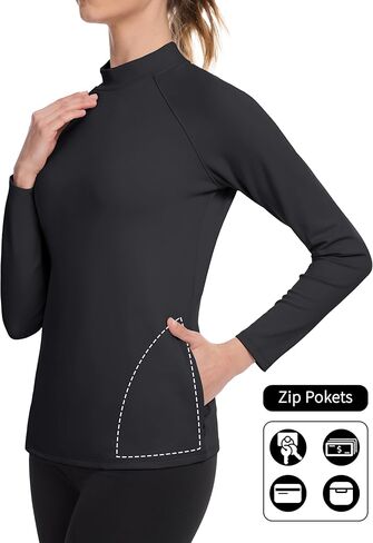 MAGCOMSEN Women's Mock Turtneck Thermal Shirts Long Sleeve Fleece Lined Zipper Pockets Athletic Base Layers in Kuwait