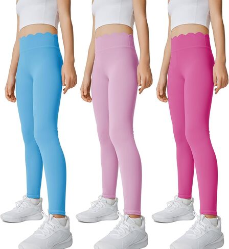 Girls 3 Pack Yoga Pants Scallop Waist Workout Running Athletic Leggings for Kids in 6-13 Years in Kuwait