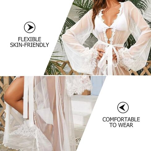 Women's See Through Lace Robe Sexy Sheer Maxi Kimono Mesh Satin Belted Chemise Babydoll Lingerie Nightgown Cover Up in Saudi Arabia