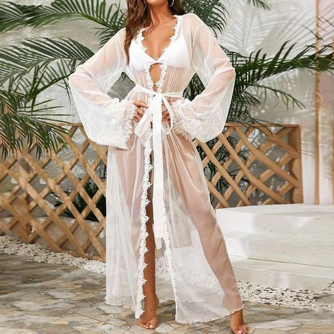 Women's See Through Lace Robe Sexy Sheer Maxi Kimono Mesh Satin Belted Chemise Babydoll Lingerie Nightgown Cover Up in Saudi Arabia