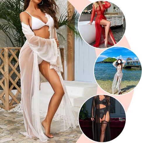 Women's See Through Lace Robe Sexy Sheer Maxi Kimono Mesh Satin Belted Chemise Babydoll Lingerie Nightgown Cover Up in Saudi Arabia