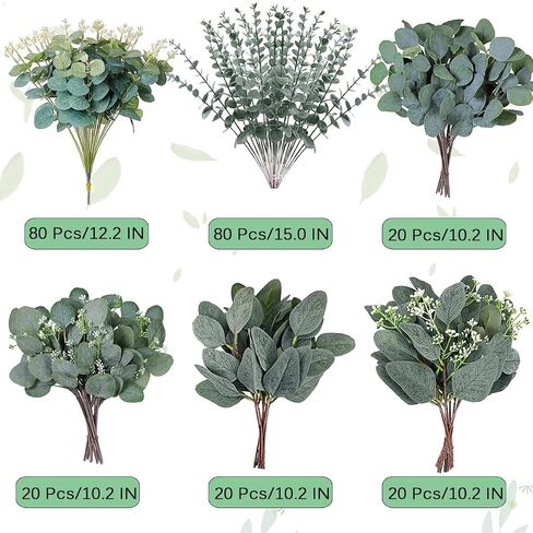 120 Pcs 6 Kinds Mixed Eucalyptus Leaves Stems Bulk Artificial Silver Dollar Eucalyptus Leaves Picks Dried Eucalyptus Bundle Faux Spray for Wedding Vase Bouquet Floral Arrangement Decor in Saudi Arabia