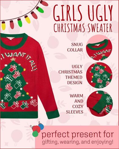 Girls' Ugly Christmas Sweater - Holiday Party Novelty Crew Neck Pullover - Ugly Xmas Sweaters for Kids (Sizes: 4-16) in Kuwait