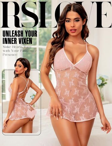 RSLOVE Lace Babydoll Lingerie for Women - Sexy Chemise Mesh Sleepwear Nightgown V neck Nightwear Outfit Strap Dress Nighty in Kuwait