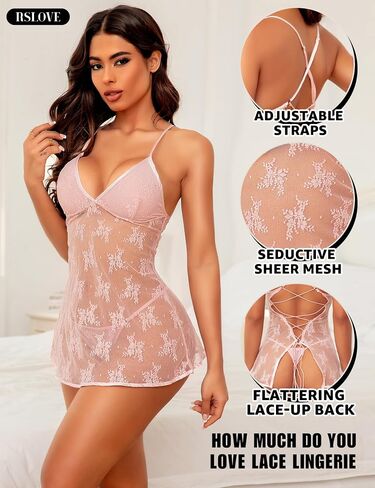 RSLOVE Lace Babydoll Lingerie for Women - Sexy Chemise Mesh Sleepwear Nightgown V neck Nightwear Outfit Strap Dress Nighty in Kuwait
