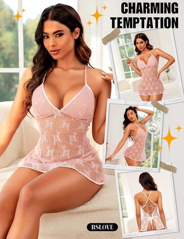 RSLOVE Lace Babydoll Lingerie for Women - Sexy Chemise Mesh Sleepwear Nightgown V neck Nightwear Outfit Strap Dress Nighty in Kuwait