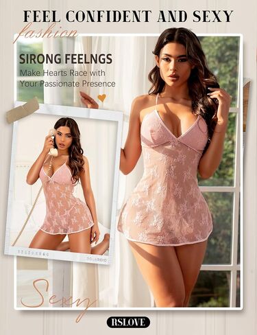 RSLOVE Lace Babydoll Lingerie for Women - Sexy Chemise Mesh Sleepwear Nightgown V neck Nightwear Outfit Strap Dress Nighty in Kuwait
