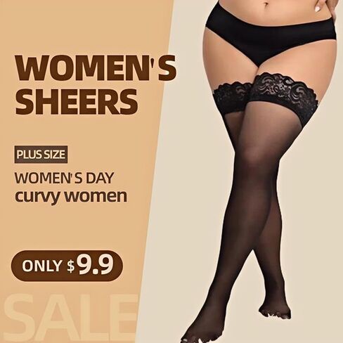 Plus Size Thigh High Stockings for Women, Black Silicone Lace Top Stay Up Sheer,Lingerie Thigh Highs Pantyhose in Saudi Arabia