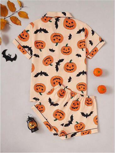 WDIRARA Women's 2 Piece Halloween Print Pajama Set Pocket Patched Button Down Shirt Shorts Sleepwear Sets in Saudi Arabia