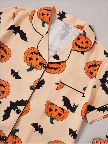 WDIRARA Women's 2 Piece Halloween Print Pajama Set Pocket Patched Button Down Shirt Shorts Sleepwear Sets in Saudi Arabia