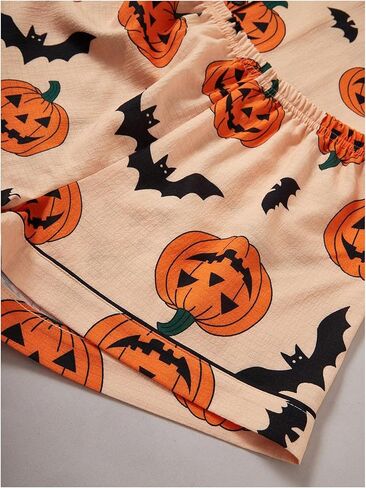 WDIRARA Women's 2 Piece Halloween Print Pajama Set Pocket Patched Button Down Shirt Shorts Sleepwear Sets in Saudi Arabia