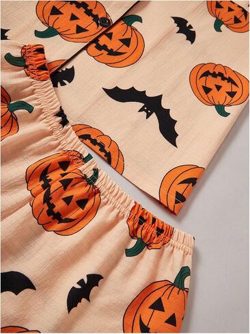 WDIRARA Women's 2 Piece Halloween Print Pajama Set Pocket Patched Button Down Shirt Shorts Sleepwear Sets in Saudi Arabia