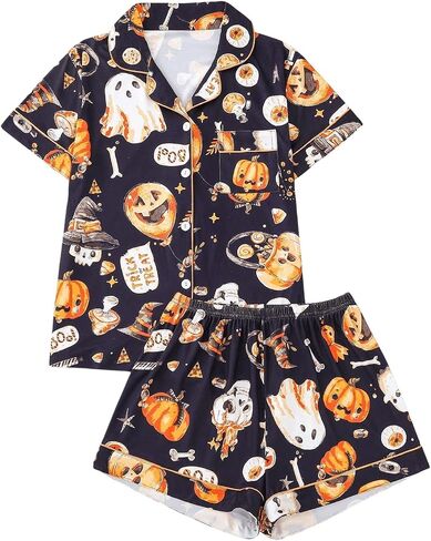 WDIRARA Women's 2 Piece Halloween Print Pajama Set Pocket Patched Button Down Shirt Shorts Sleepwear Sets in Saudi Arabia